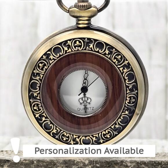 Wooden Pocket Watch – Vintage Look Classic Wood Face Antique-Style Keepsake Gift - Picture 1 of 10
